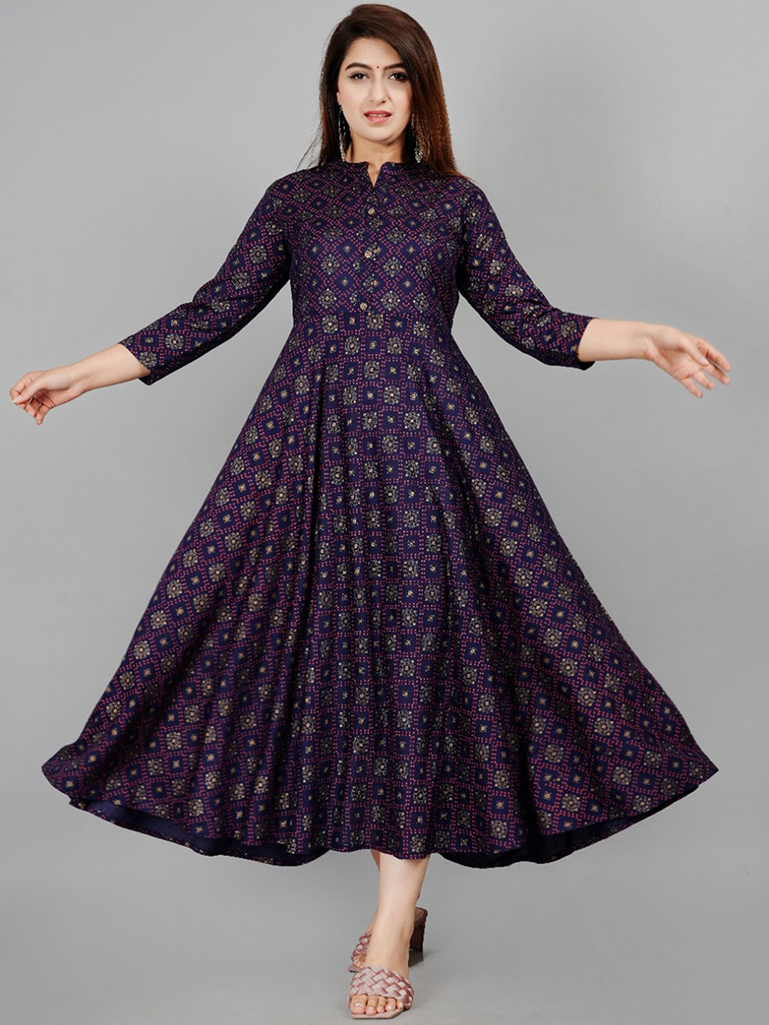 ao services Ethnic Motifs Printed Mandarin Collar Empire Styled Anarkali Flared Kurta