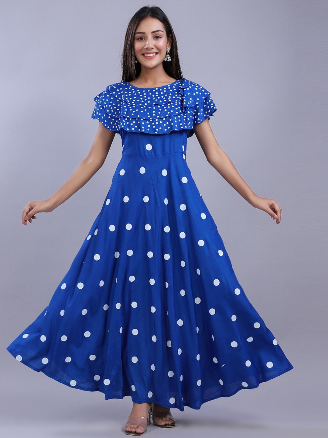 ao services Polka Dots Yoke Design Ruffles Flared Anarkali Kurta