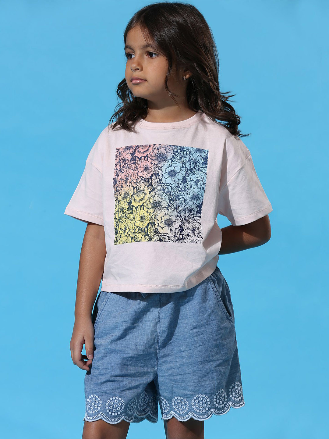 My Milestones Girls Printed Denim Shorts