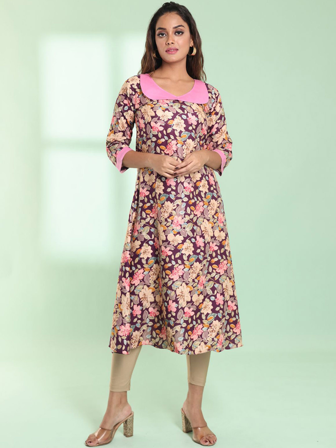 Charukriti Floral Printed Peter Pan Collar Three-Quarter Sleeves A-Line Kurta
