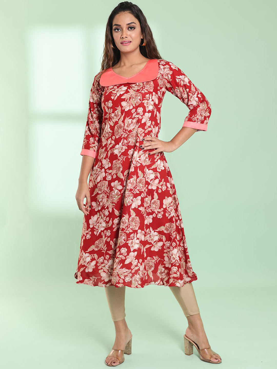 Charukriti Floral Printed Peter Pan Collar A-Line Kurta