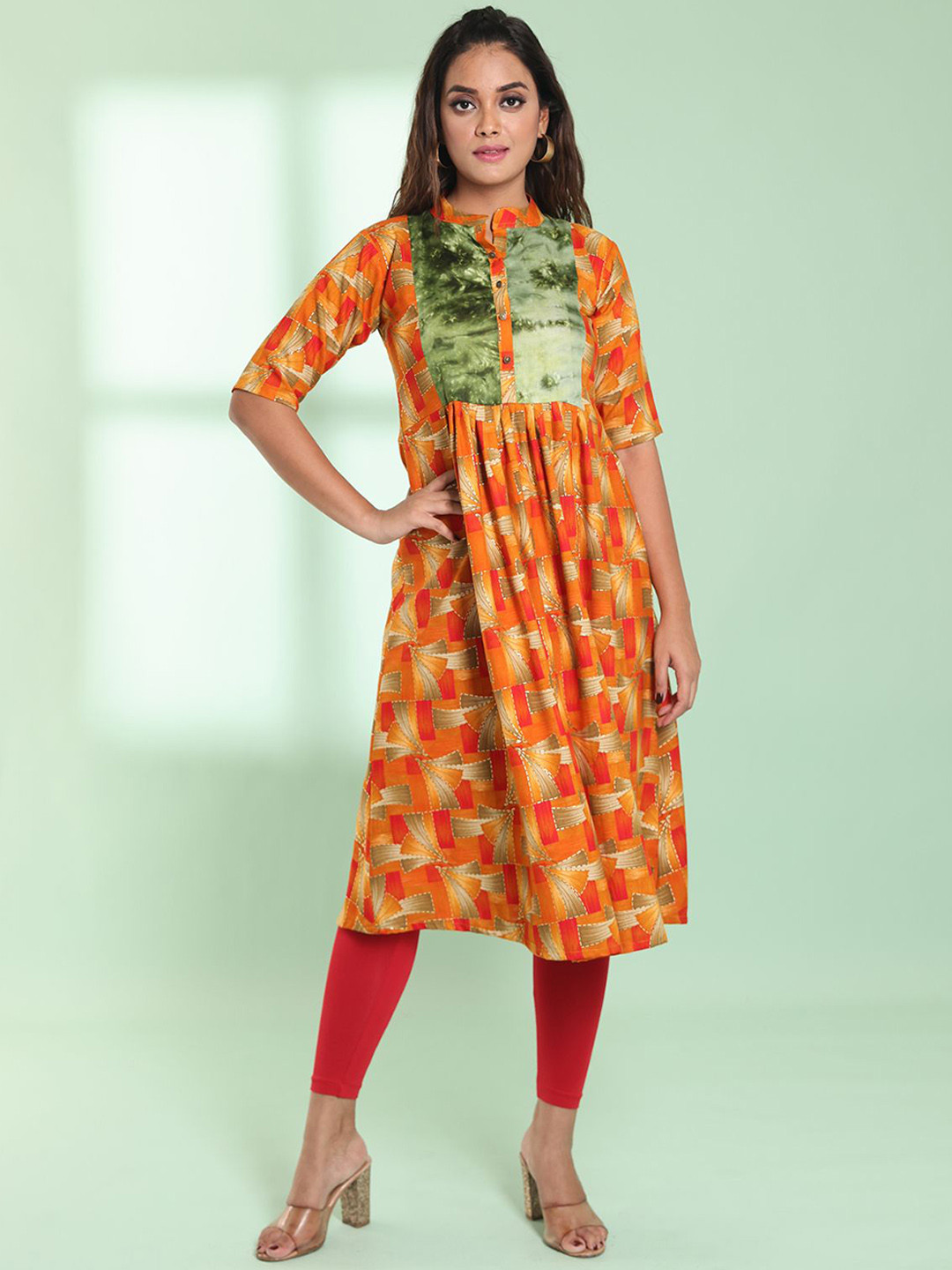 Charukriti Abstract Printed A-Line Mandarin Collar Kurta