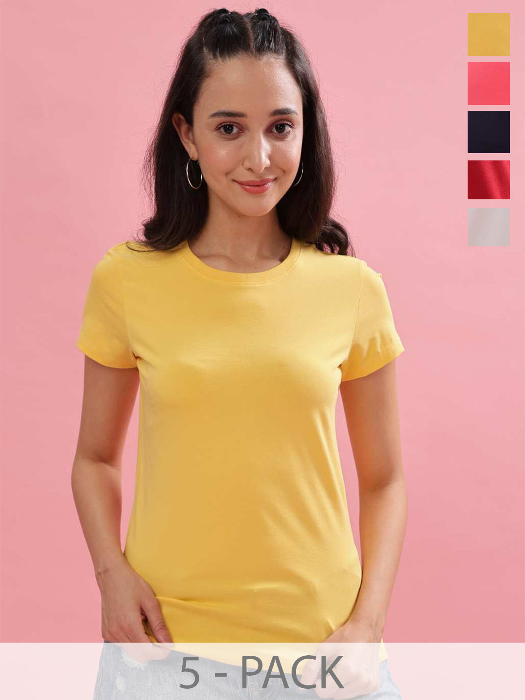 Dollar Women Pack of 5 Stretchable Cotton Super Soft Solid Round Neck Tshirt
