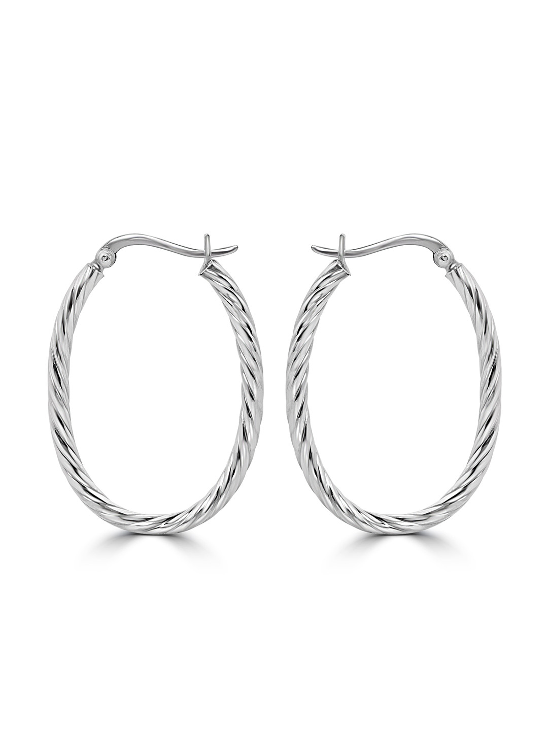 925 SILLER 925 Pure Silver Oval Shape Textured Hoop Earrings