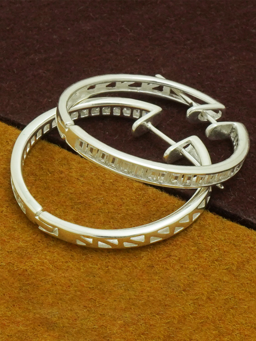 925 SILLER 925 Pure Silver Baguette Cut Stone Studded Hoop Earrings