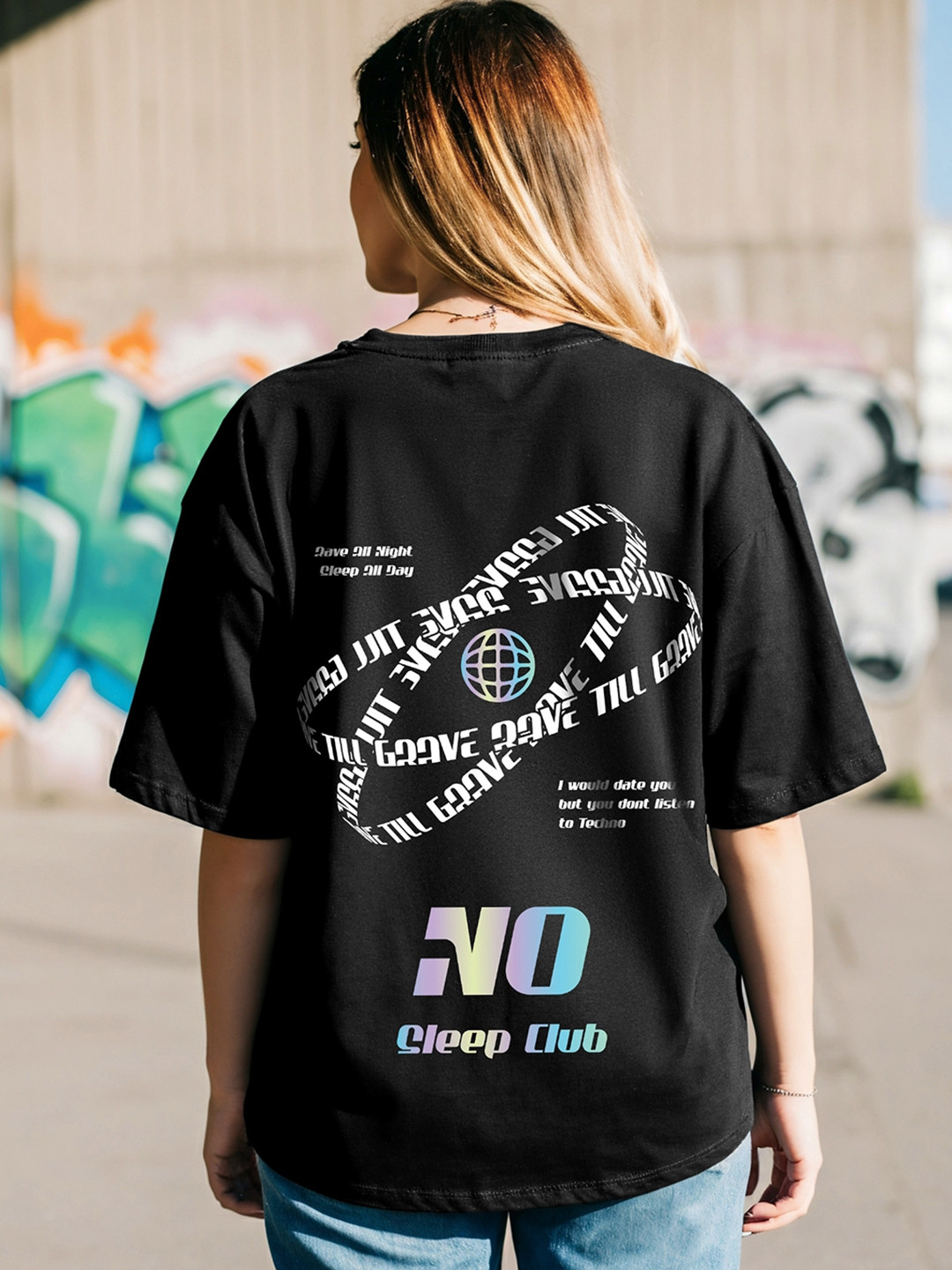 Bewakoof Heavy Duty 1.0 Women Black Rave Till Grave Graphic Printed Oversized T-shirt