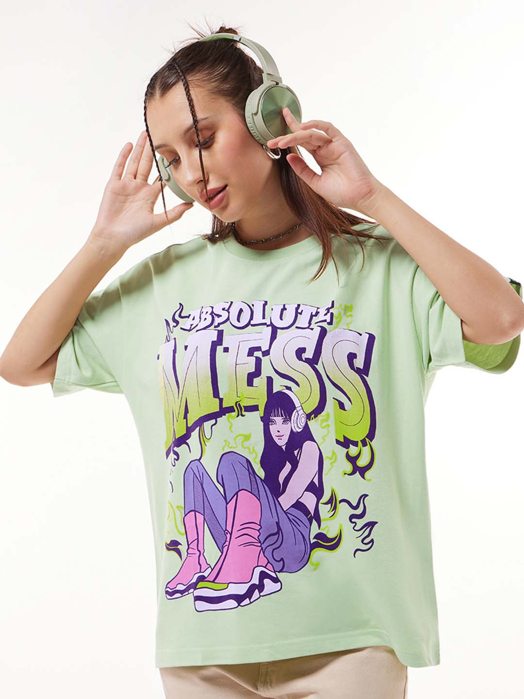 Bewakoof Heavy Duty 1.0 Women Green Absolute Mess Graphic Printed Oversized T-shirt