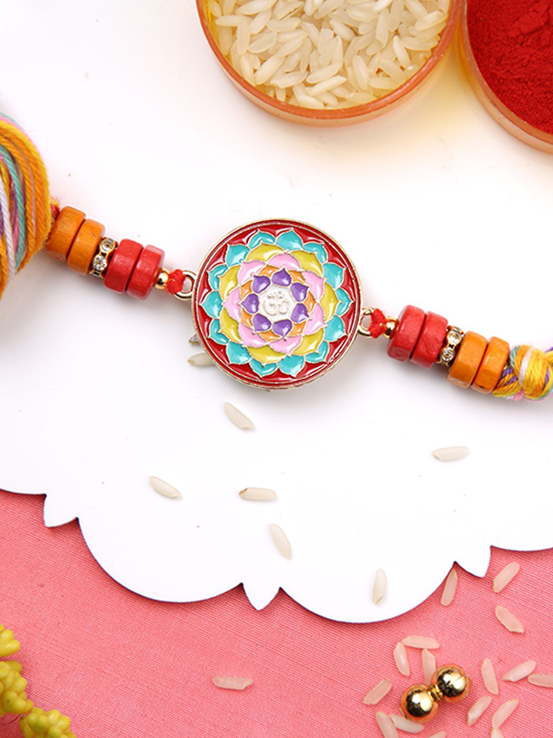 Aapno Rajasthan Om Mandala Beaded Rakhi With Roli Chawal & Greeting Card