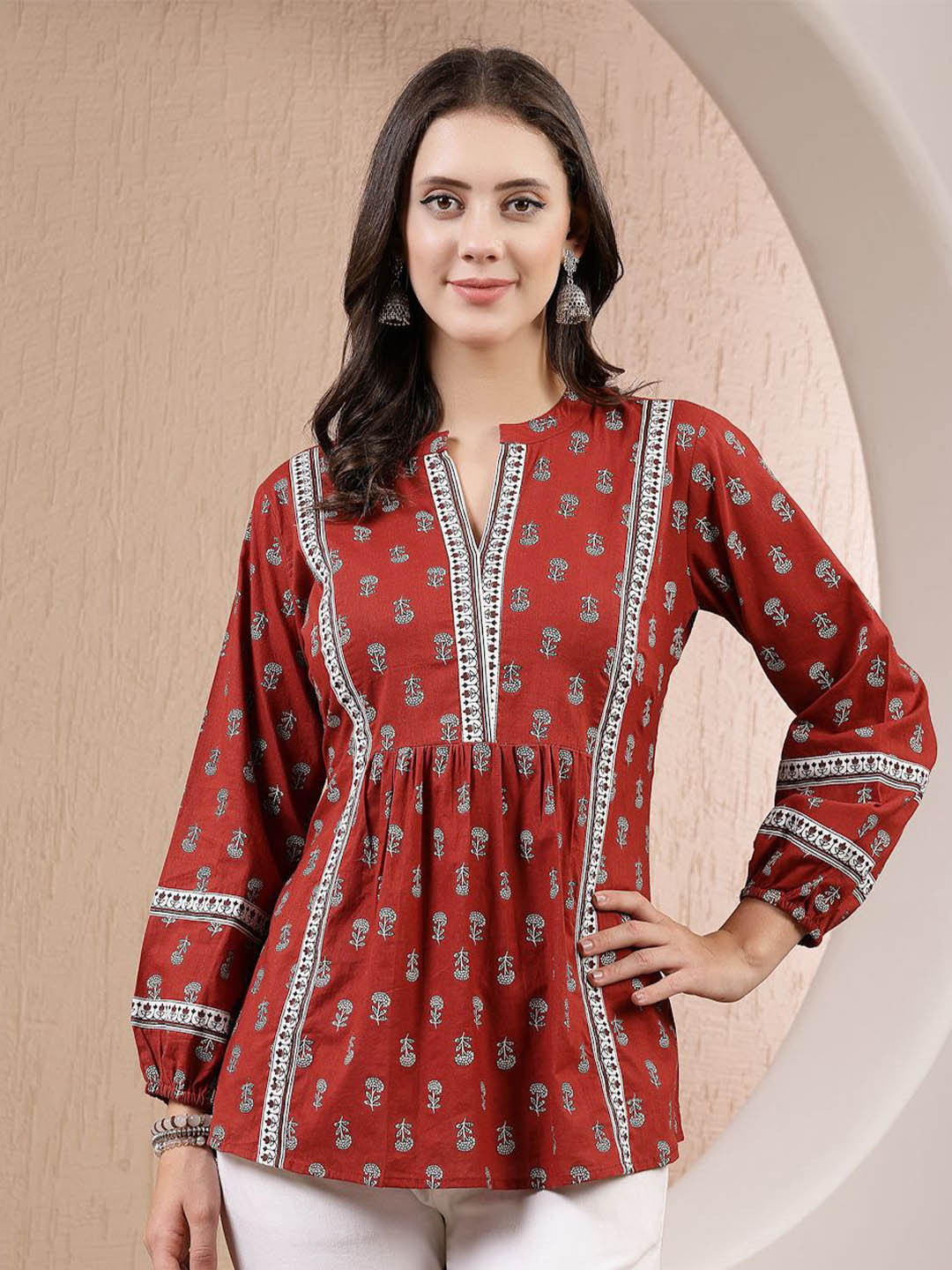 Stylum Print Mandarin Collar Cotton Top