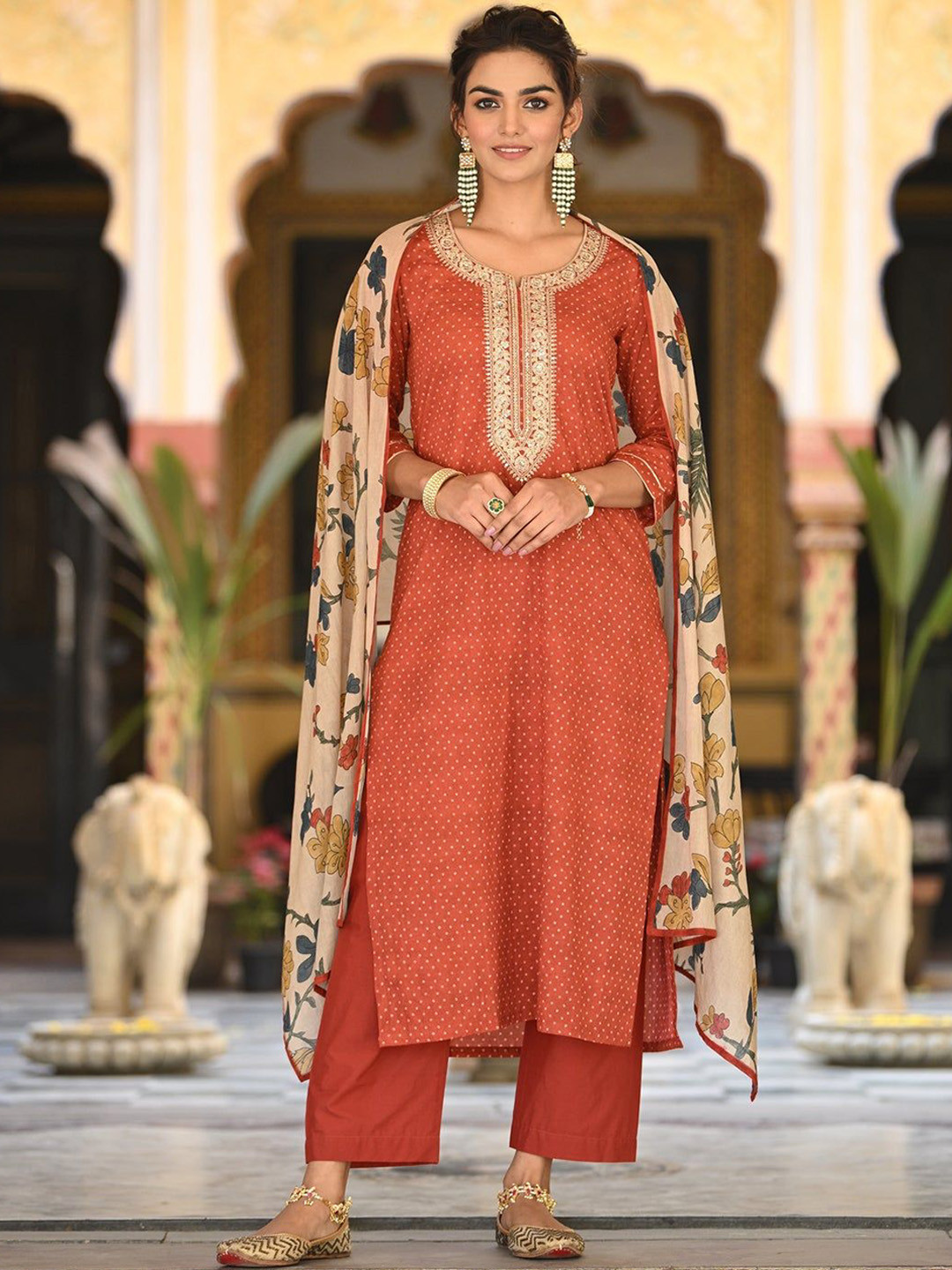 Anni Designer Cotton Blend Embroidered Straight Kurta Set With Dupatta