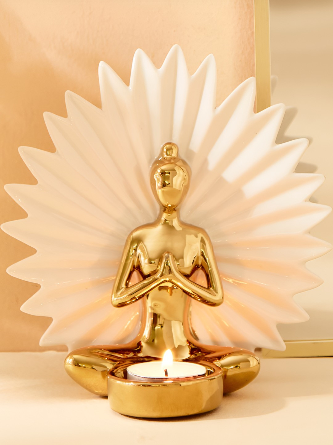 Home Centre Brighton White & Yellow Textured Ceramic Yogi Figurine With T-Light Holder