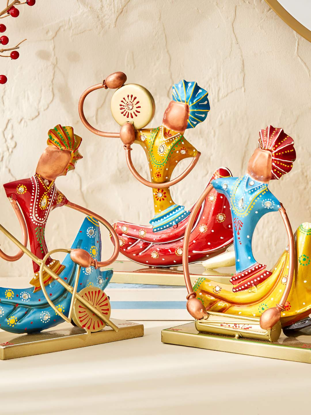Home Centre Red 3 Pieces Sitting Musician Figurines Showpiece