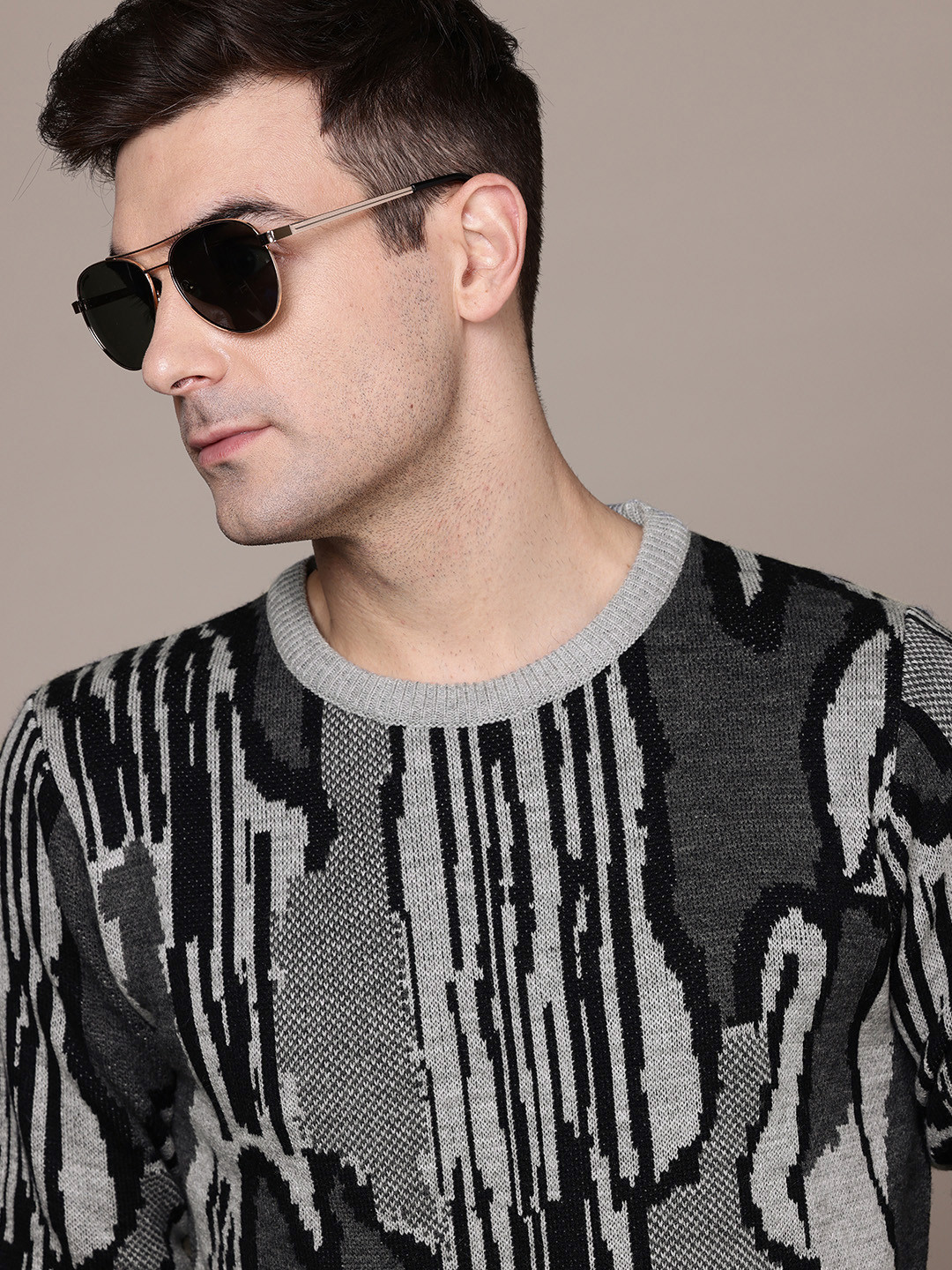 Roadster Monochrome Abstract Design  Acrylic Sweater