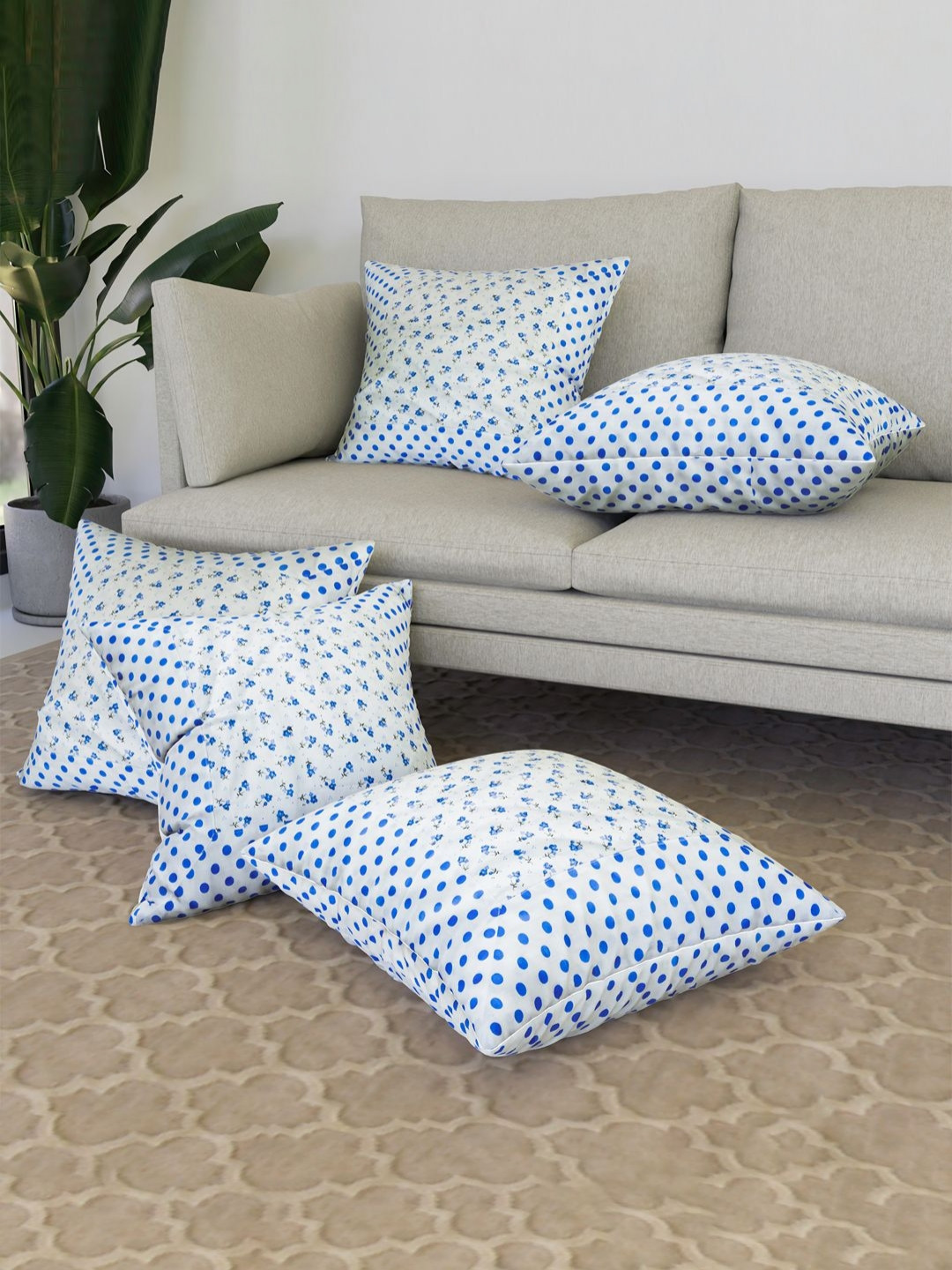 Kuber Industries Dot Blue Flower Cotton Fade Resistant 5 Pcs Cushion Covers -16x16In