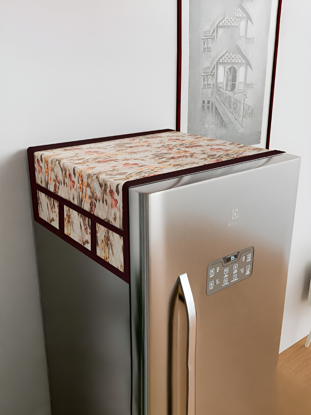 Kuber Industries Cream & Brown Flower Printed Fridge Top Cover Multi-Utility 6 Pockets
