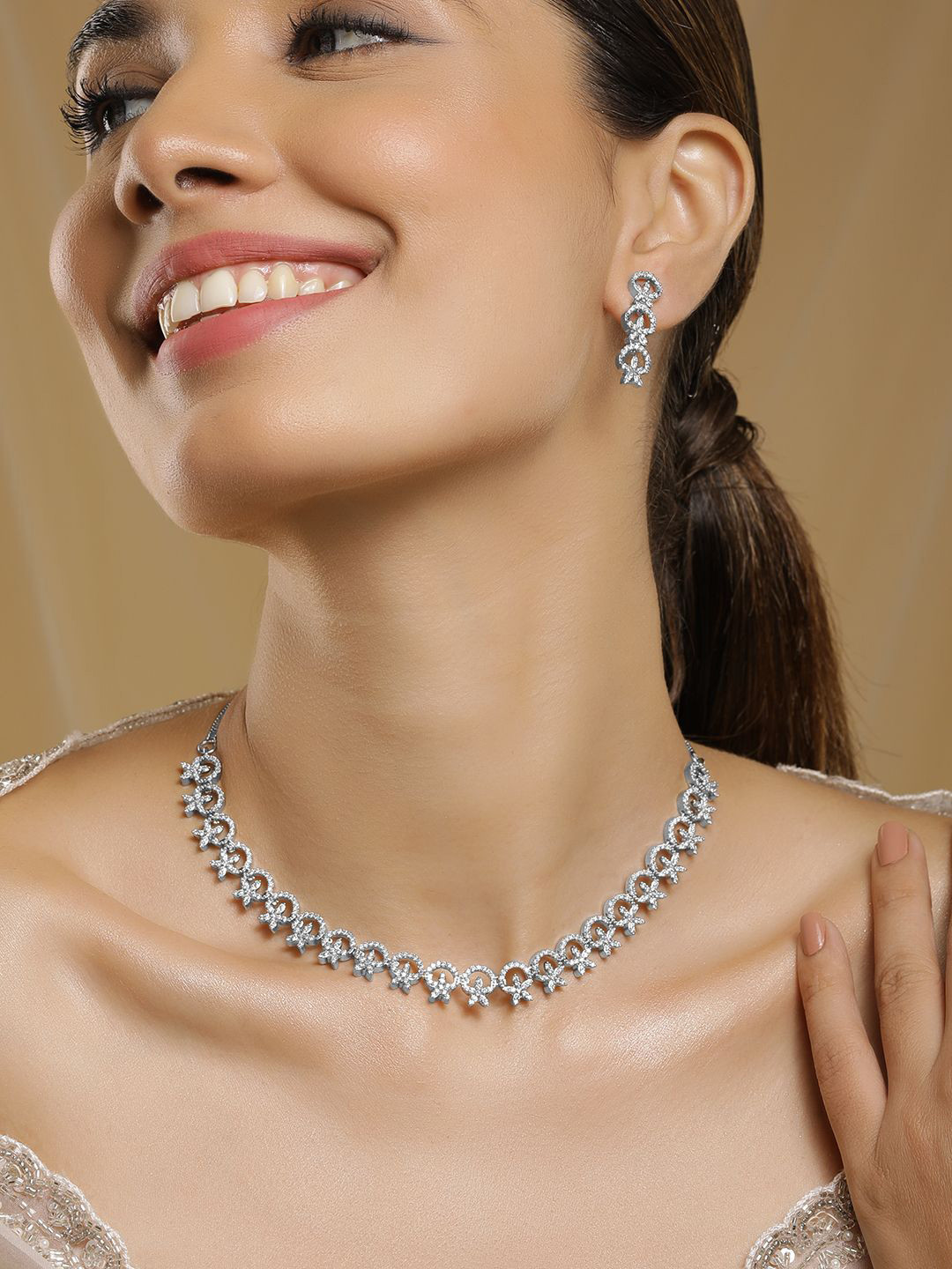 Rubans Rhodium Plated Cubic Zirconia Studded Jewellery Set