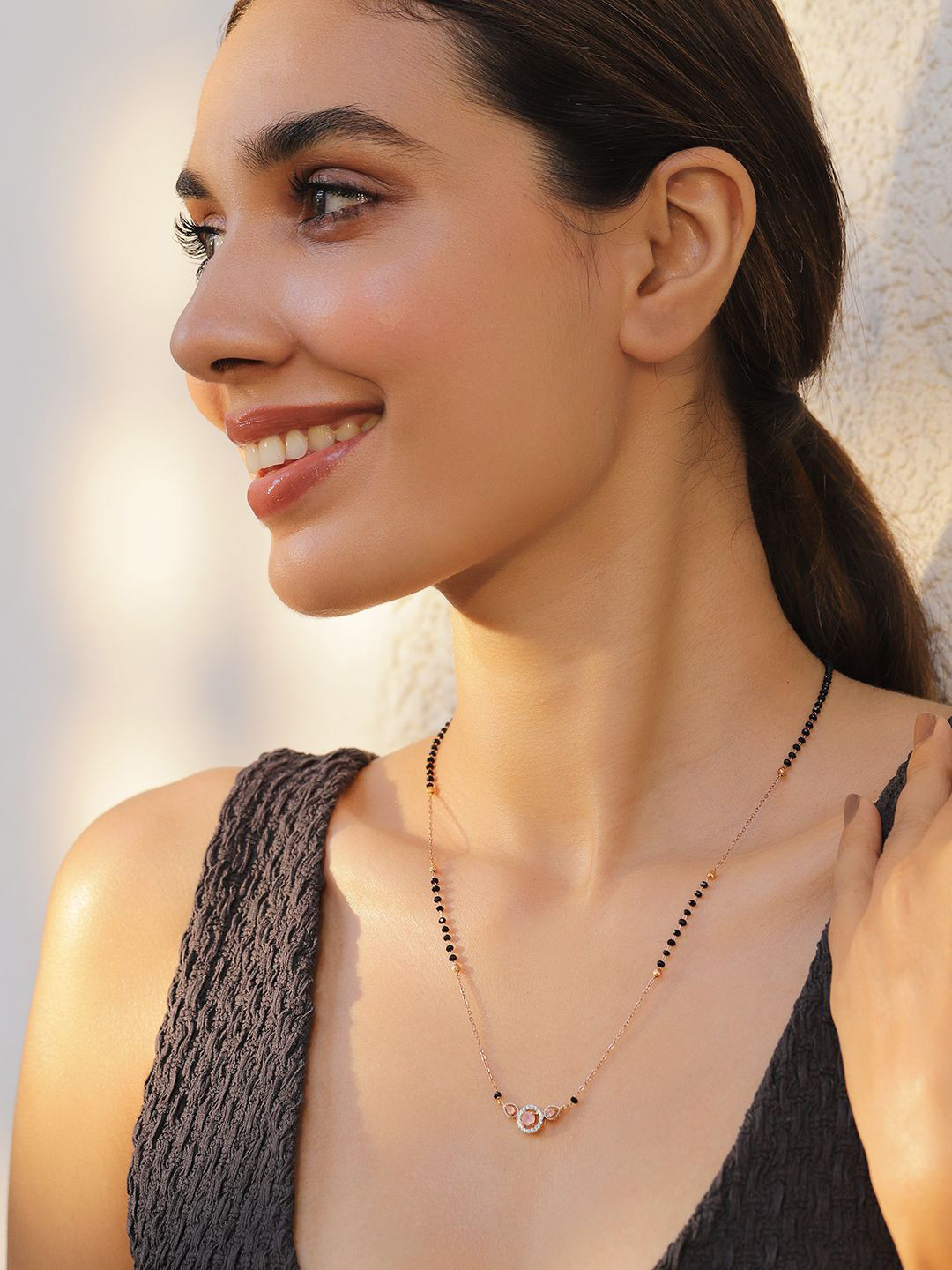 Rubans 18K Rose Gold-Plated Pink AD & Cubic Zirconia Studded Black Beaded Mangalsutra