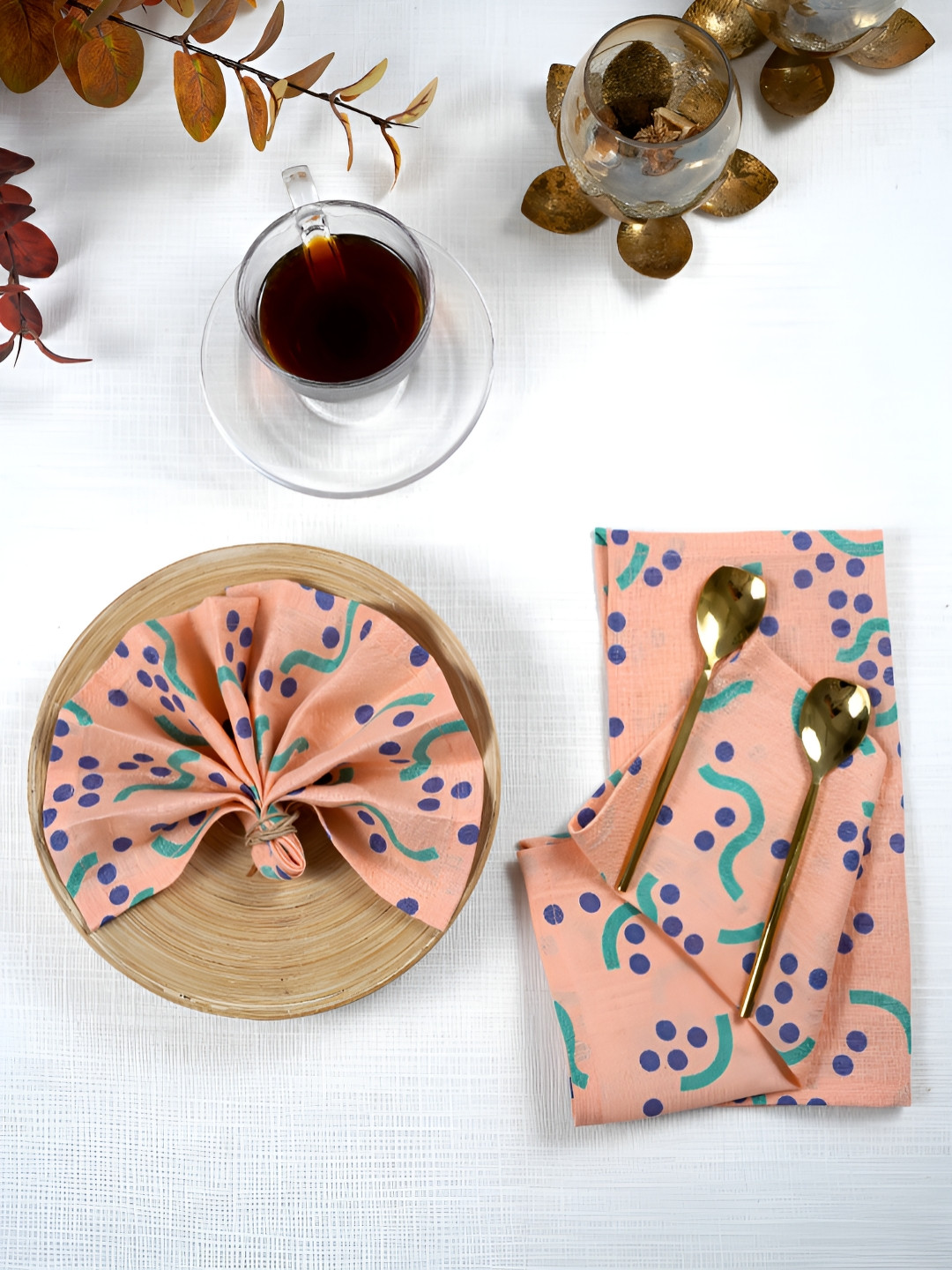 Ratan Cart Peach & Green 4 Pieces Printed Linen Table Napkins