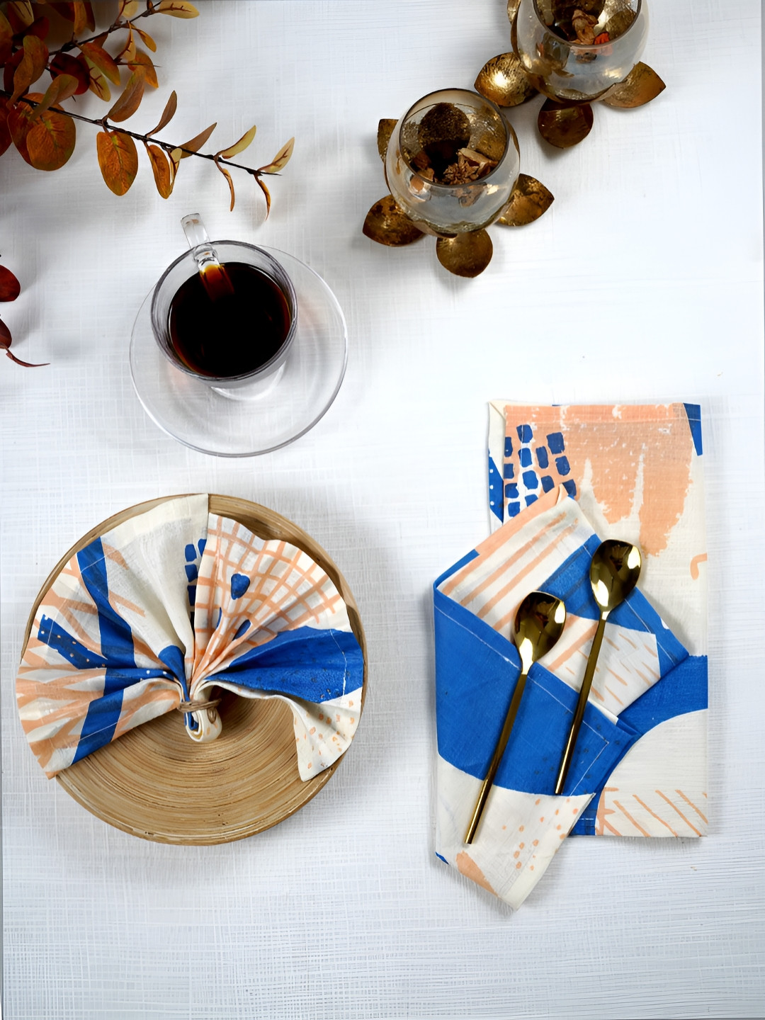 Ratan Cart White & Blue 4 Pieces Printed Linen Table Napkins