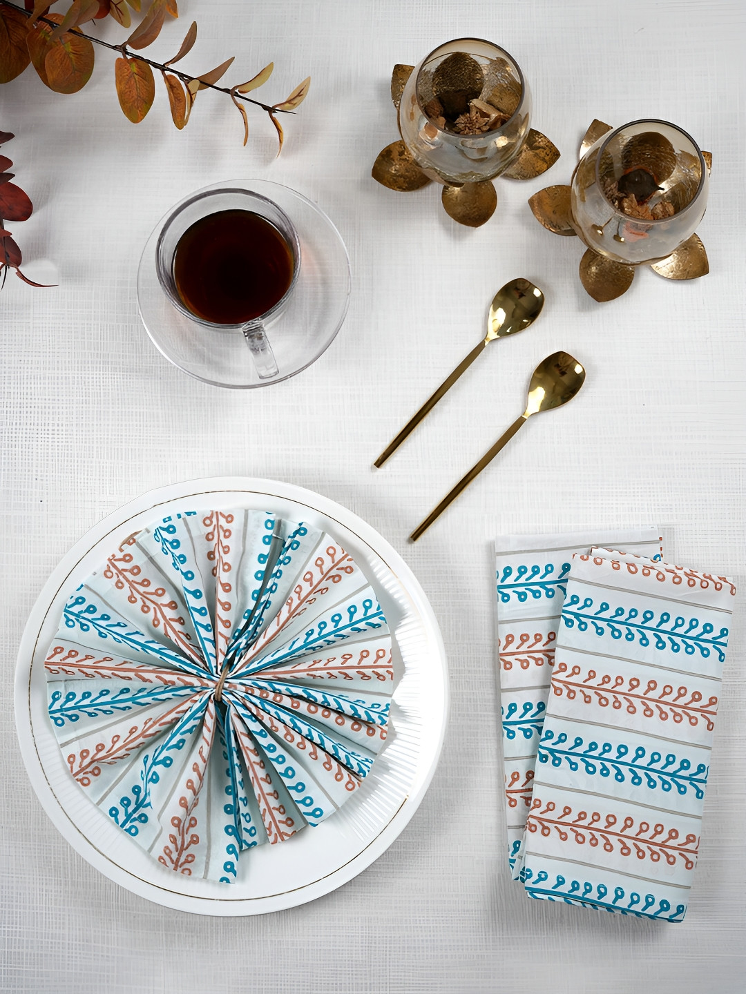 TARAN LIVING White & Teal Blue 6 Pieces Printed Cotton Table Napkins