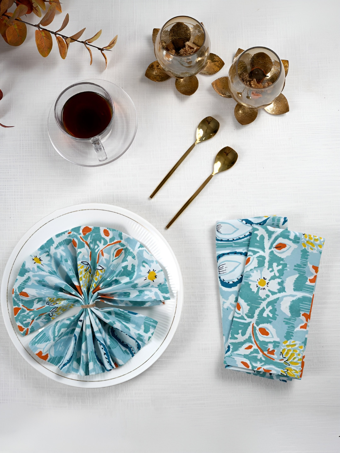 Ratan Cart Sea Green & White 6 Pieces Printed Cotton Table Napkins