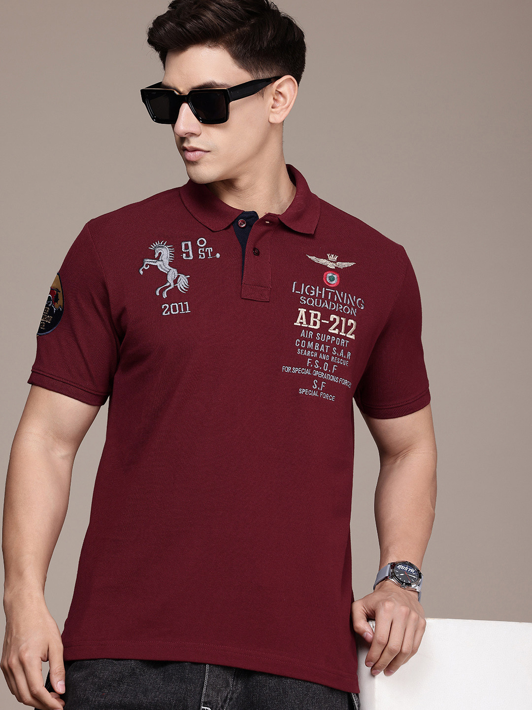 Burnt Umber Men Typography Embroidered Polo Collar Applique T-shirt
