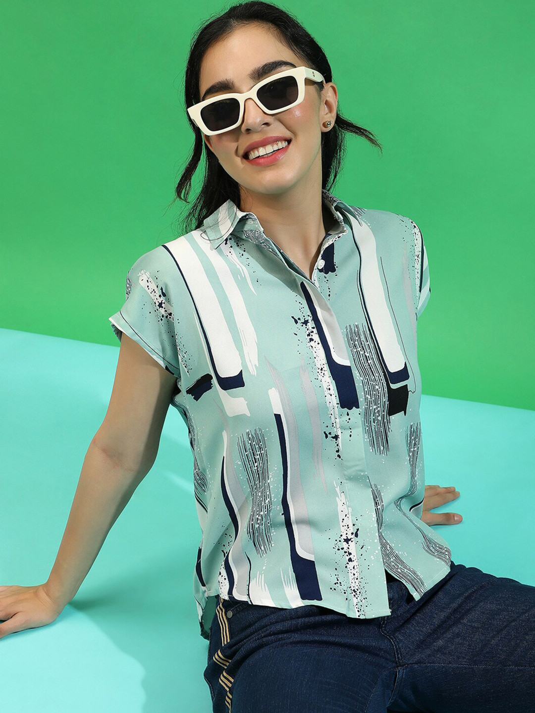 Campus Sutra Abstract Printed Shirt Style Top