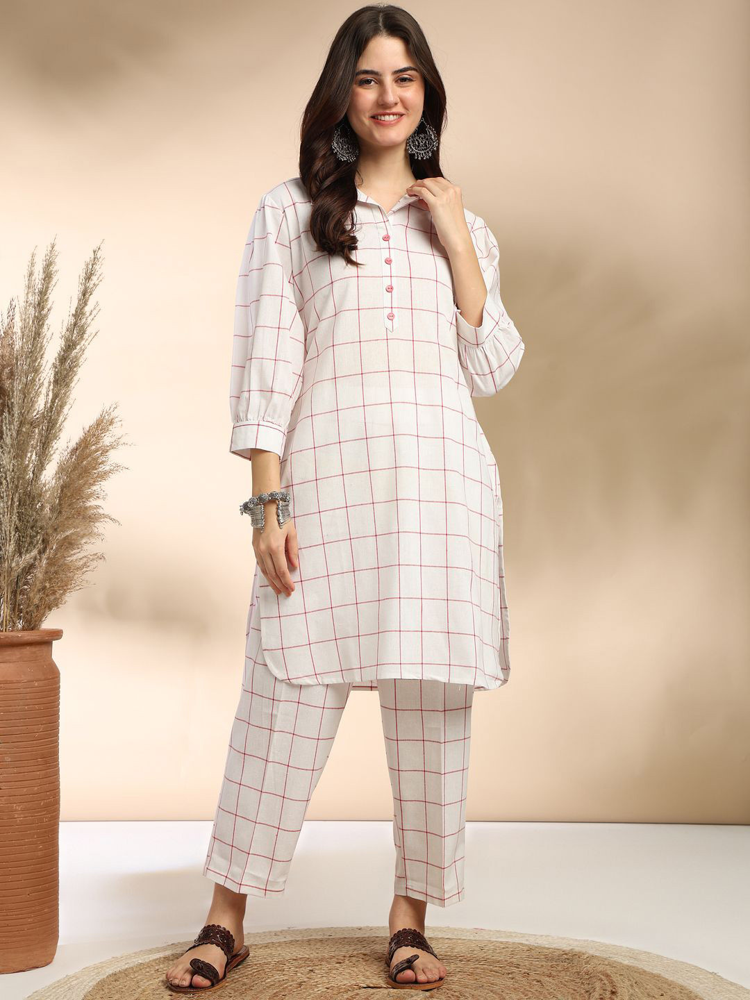 J Turritopsis Checked Shirt Collar Cuffed Sleeves Pure Cotton Tunic With Trousers