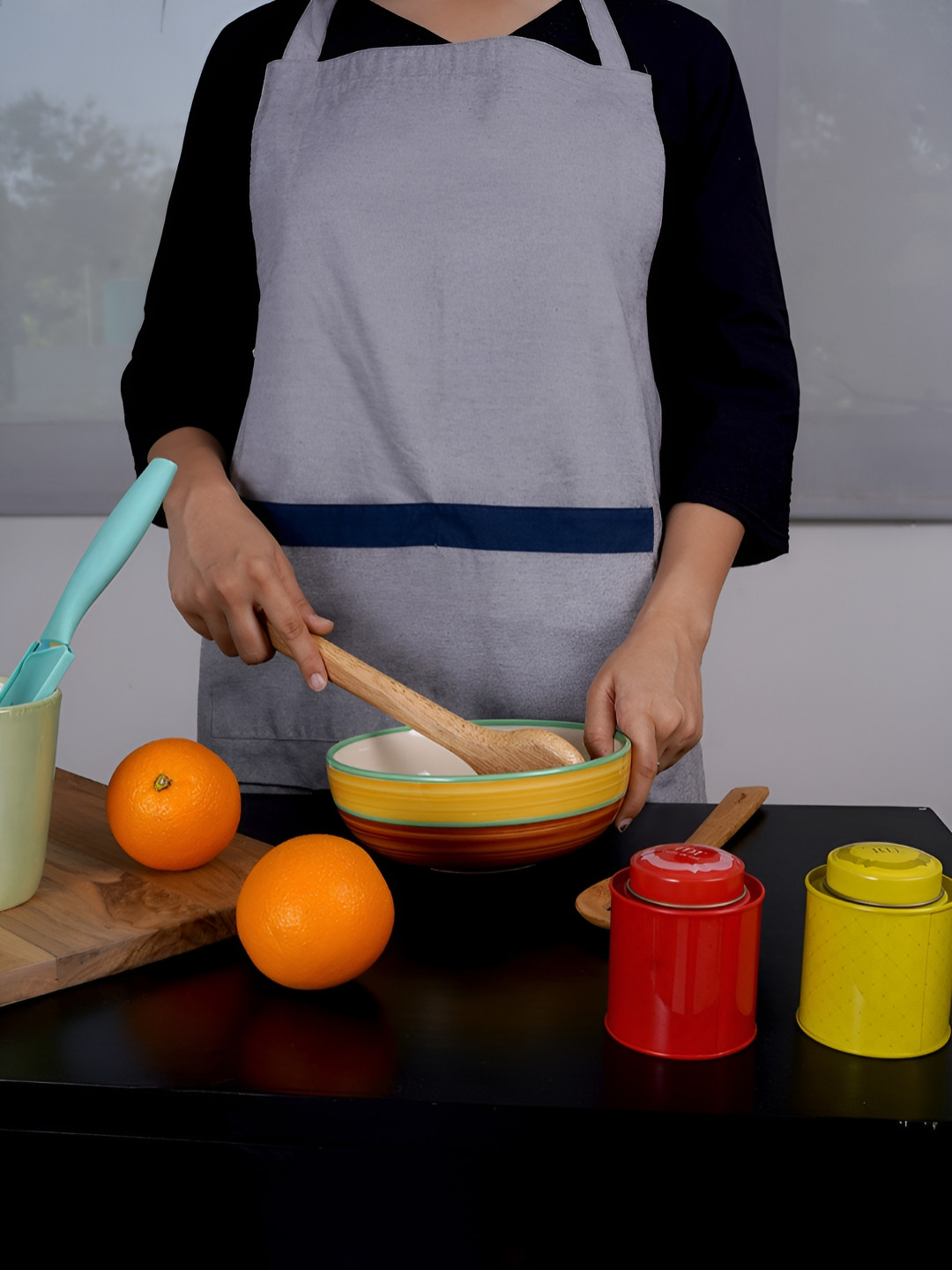 Ratan Cart Grey Embroidery Utensils Printed Cotton Apron