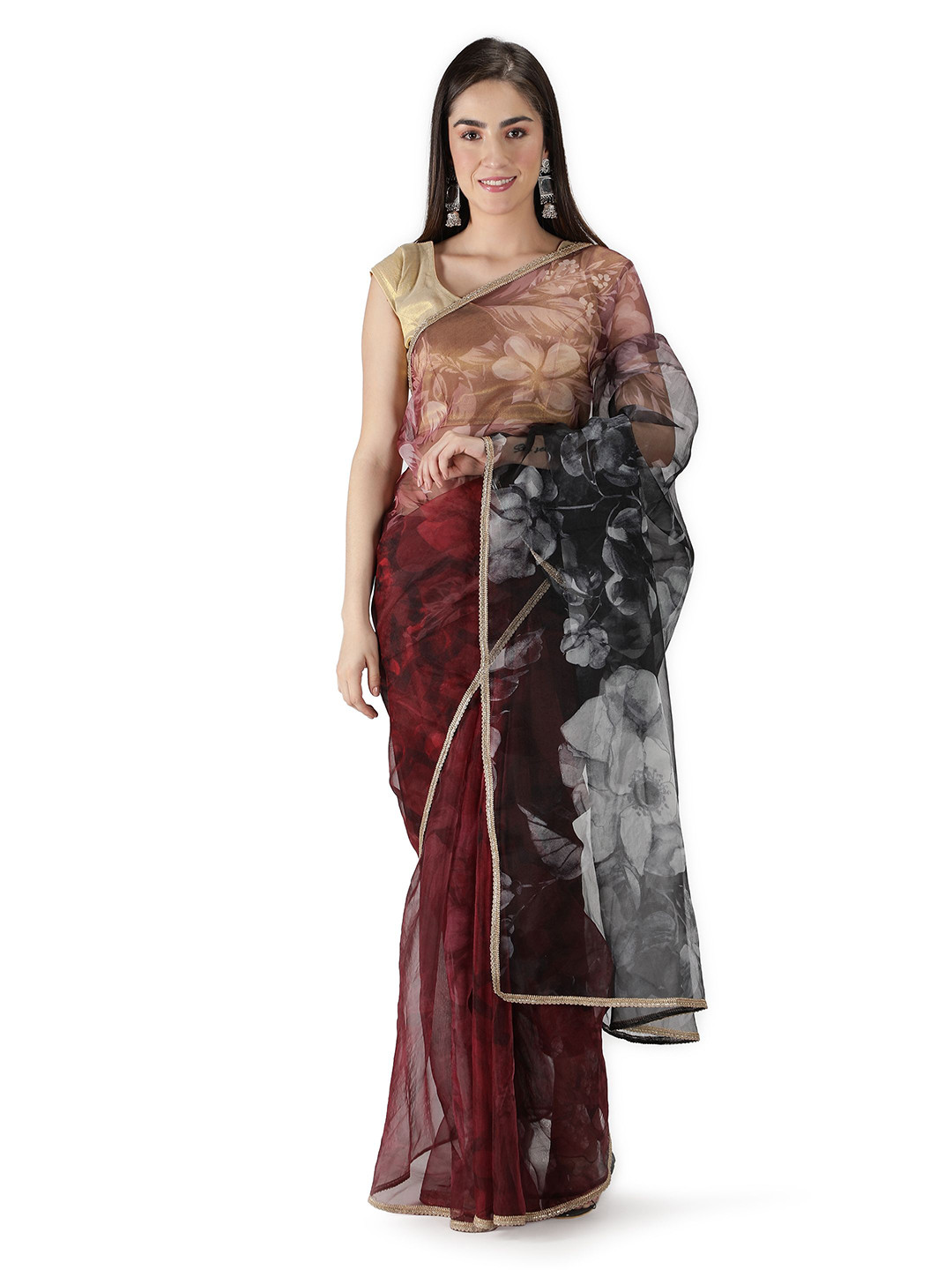 Sarisp Floral Patchwork Organza Fusion Saree