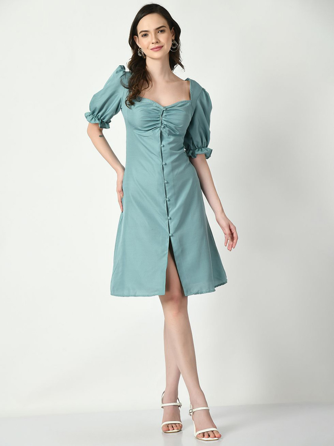 Tushita Machine Wash Puff Sleeve Crepe A-Line Dress