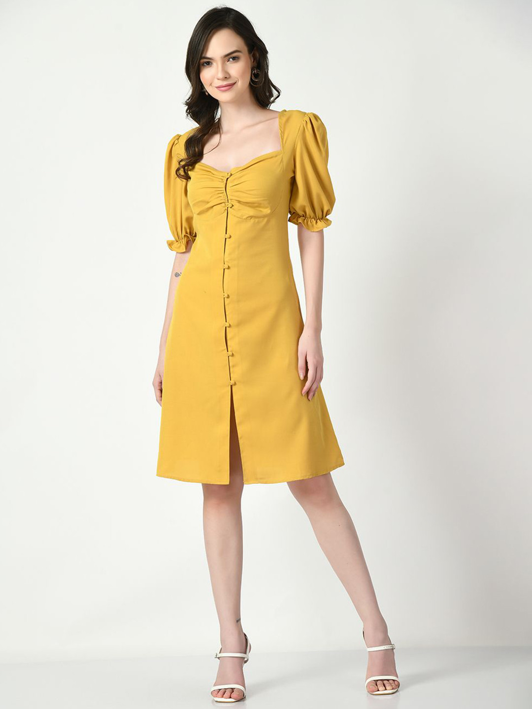 Tushita Puff Sleeve Crepe Fit & Flare Dress