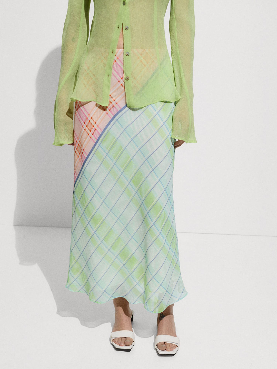 MANGO Checked Midi A-Line Skirt