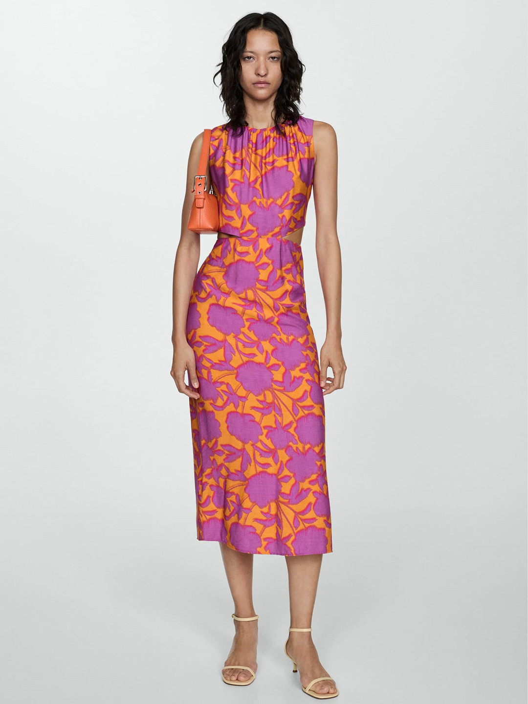 MANGO Printed Cut-Out A-Line Midi Dress