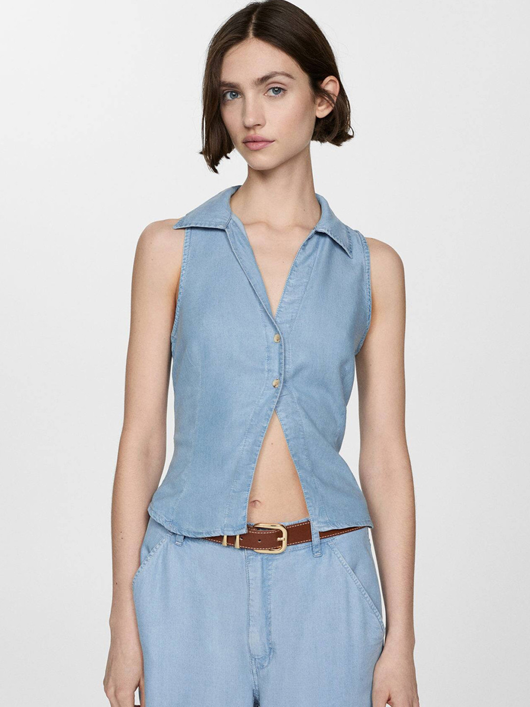 MANGO Chambray Open Front Shirt