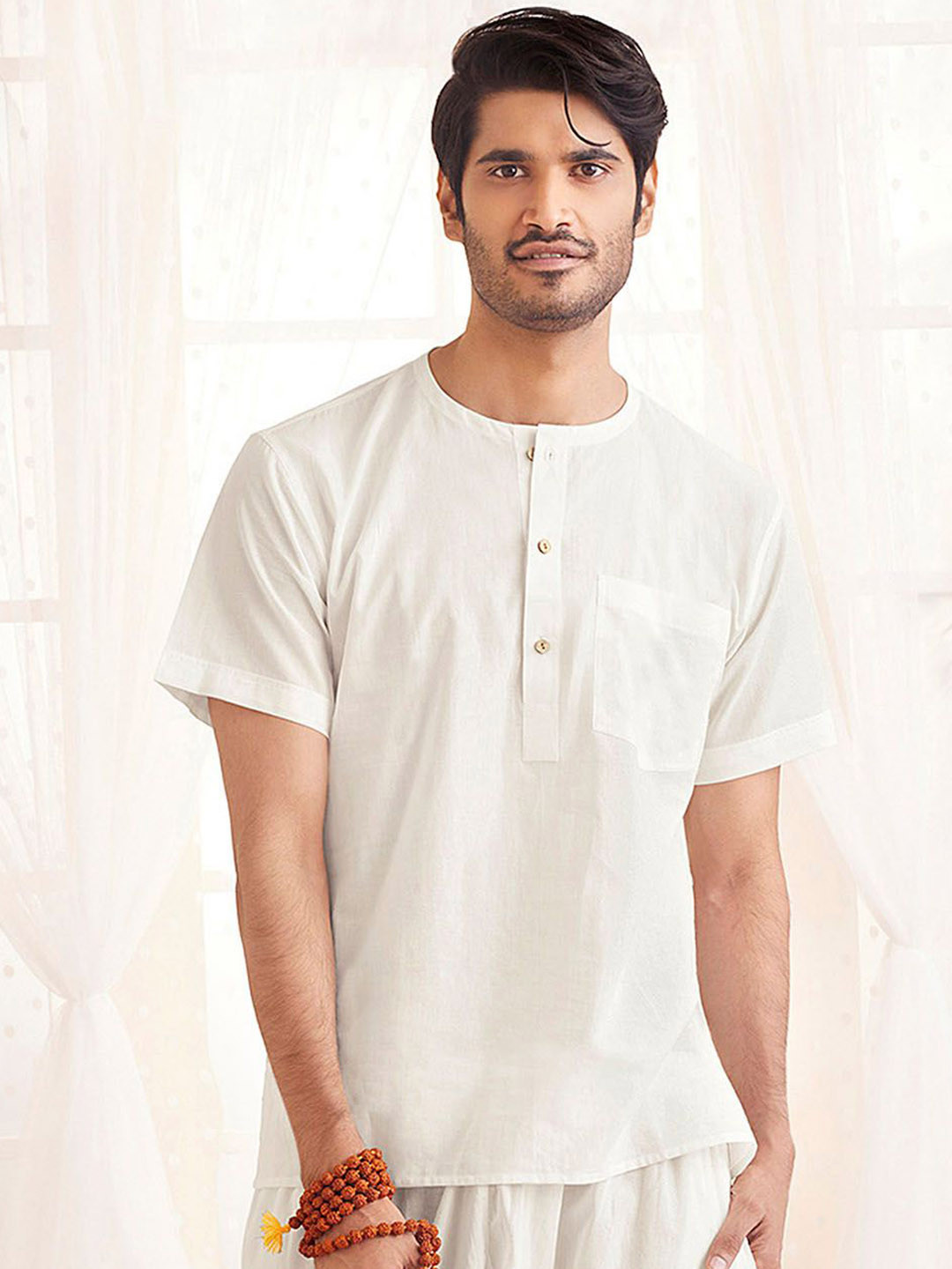 VASTRAMAY Mandarin Collar Short Sleeves Cotton Straight Short Kurta