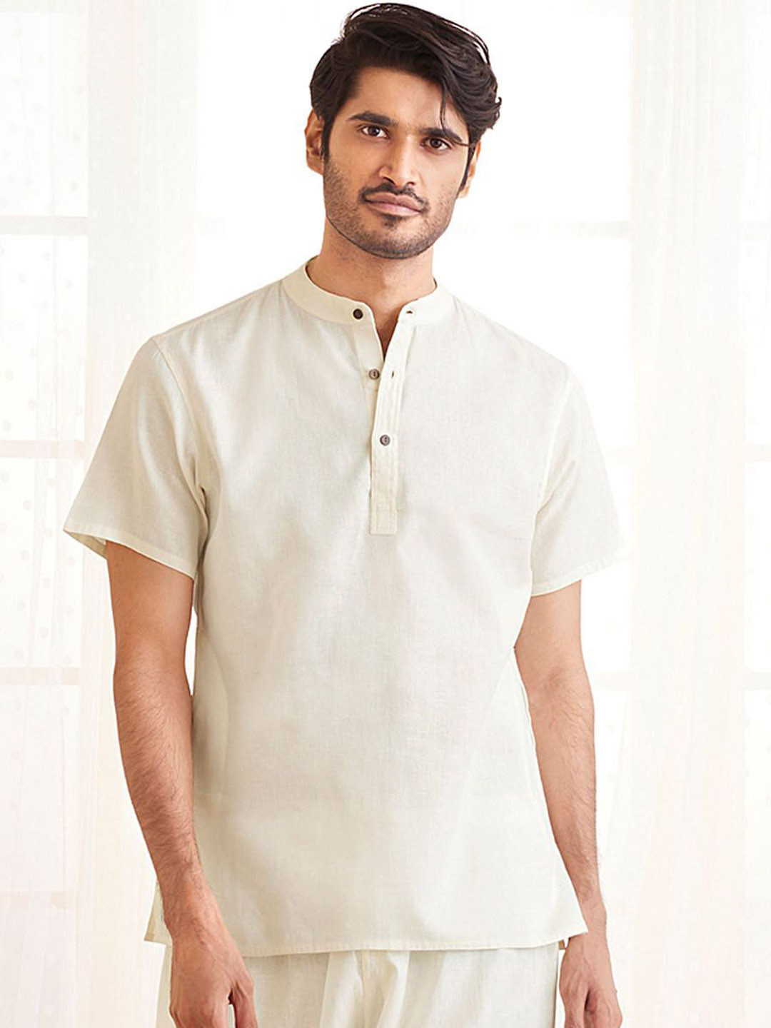 VASTRAMAY Band Collar Short Sleeves Pure Cotton Kurta