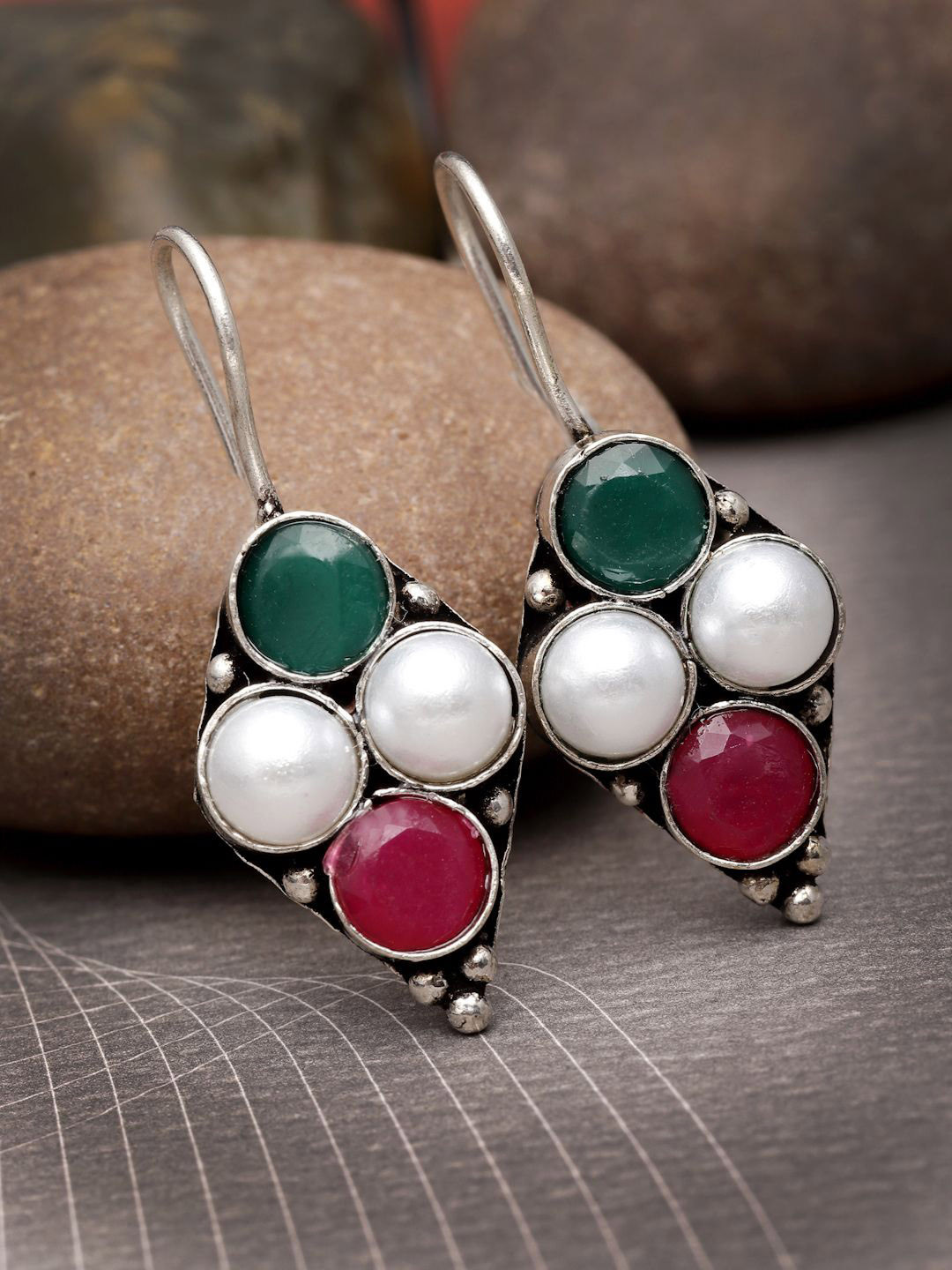 Sanjog Silver-Plated German Silver Contemporary Artificial Stones and Beads Stud Earrings