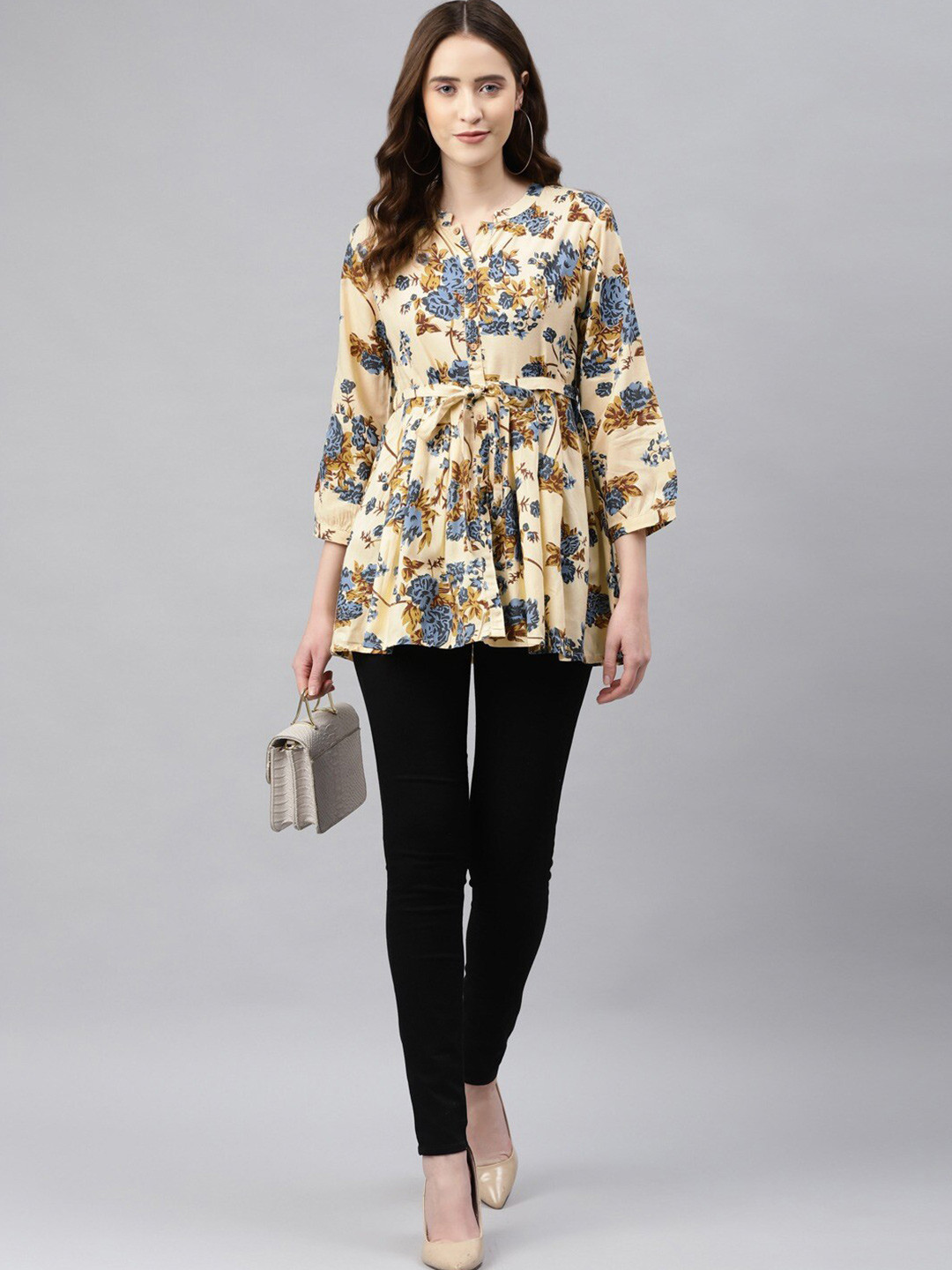 aayusika Floral Printed Round Neck Waist Tie-Ups Longline Top
