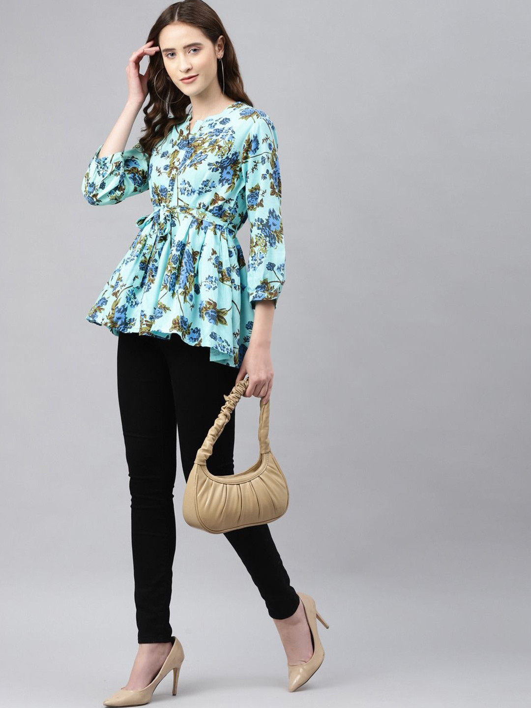 aayusika Floral Printed Round Neck Waist Tie-Ups Longline Top