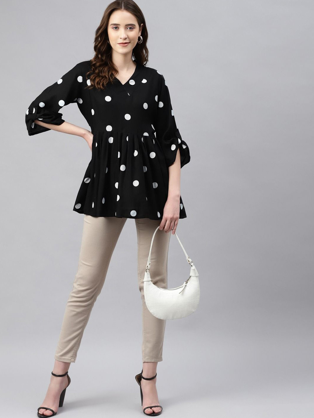 aayusika Polka Dot Printed V-Neck Longline Top