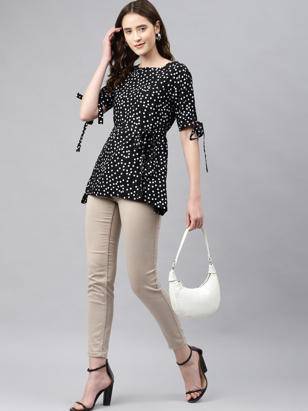 aayusika Polka Dots Waist Tie-Ups Longline Top