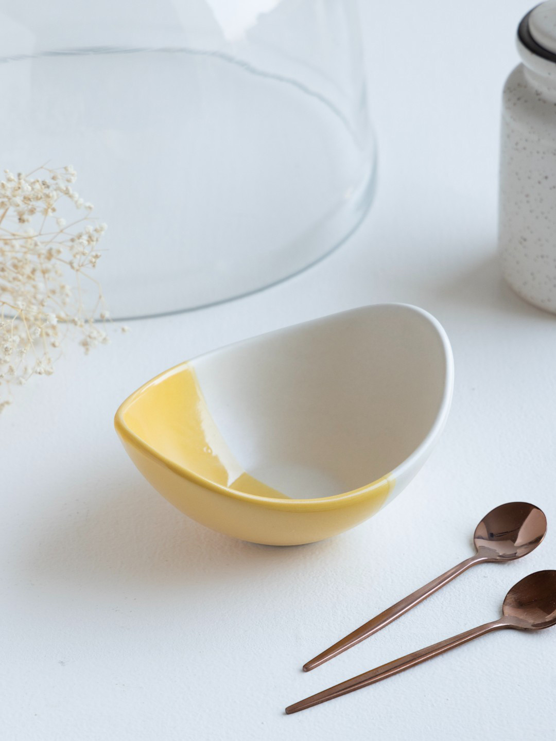 Claymistry Yellow & White Colourblocked Boat Shaped Ceramic Dinner Serving Bowl 260 ml