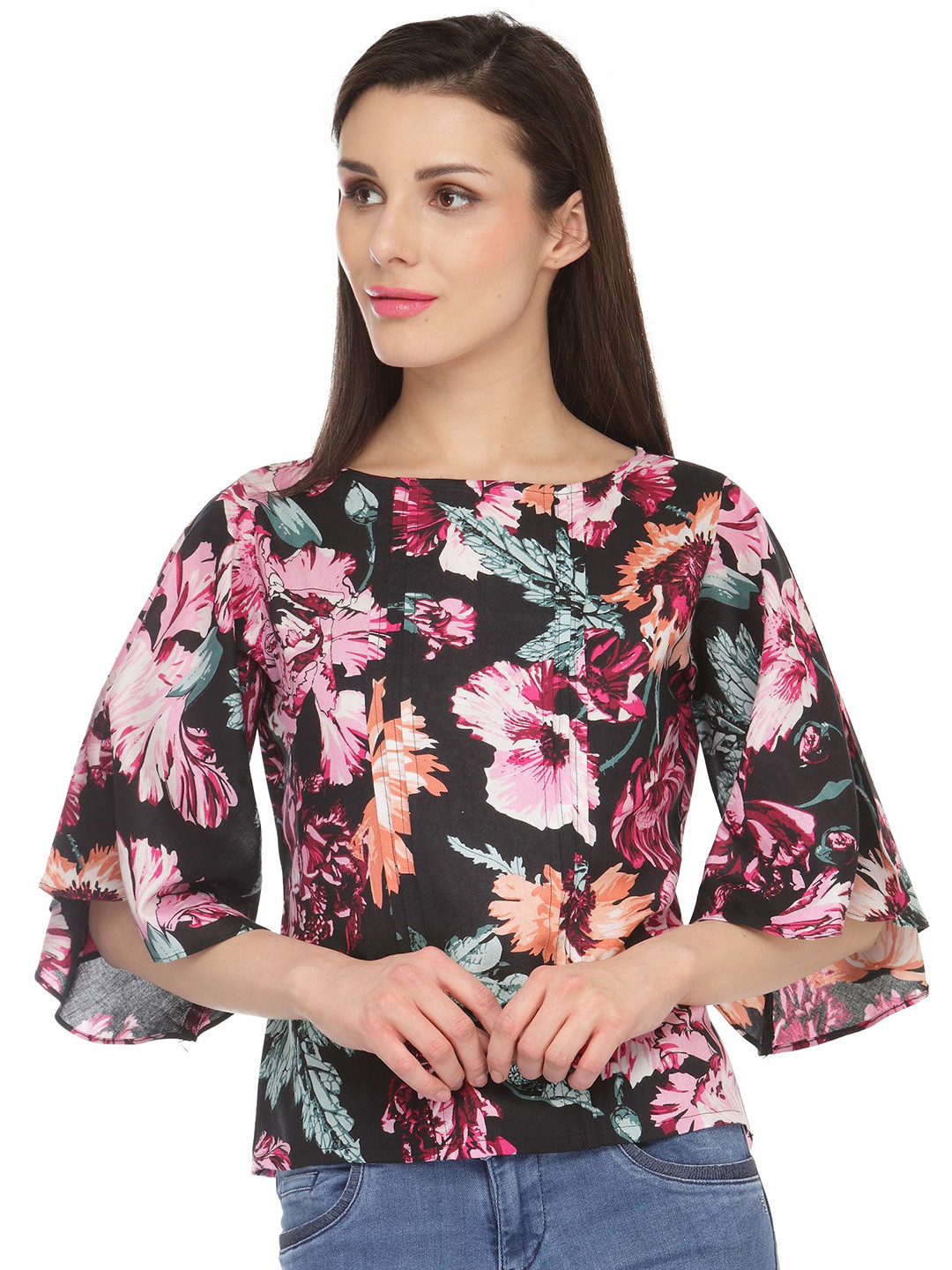 Cation Floral Printed Boat Neck Flared Sleeve Top