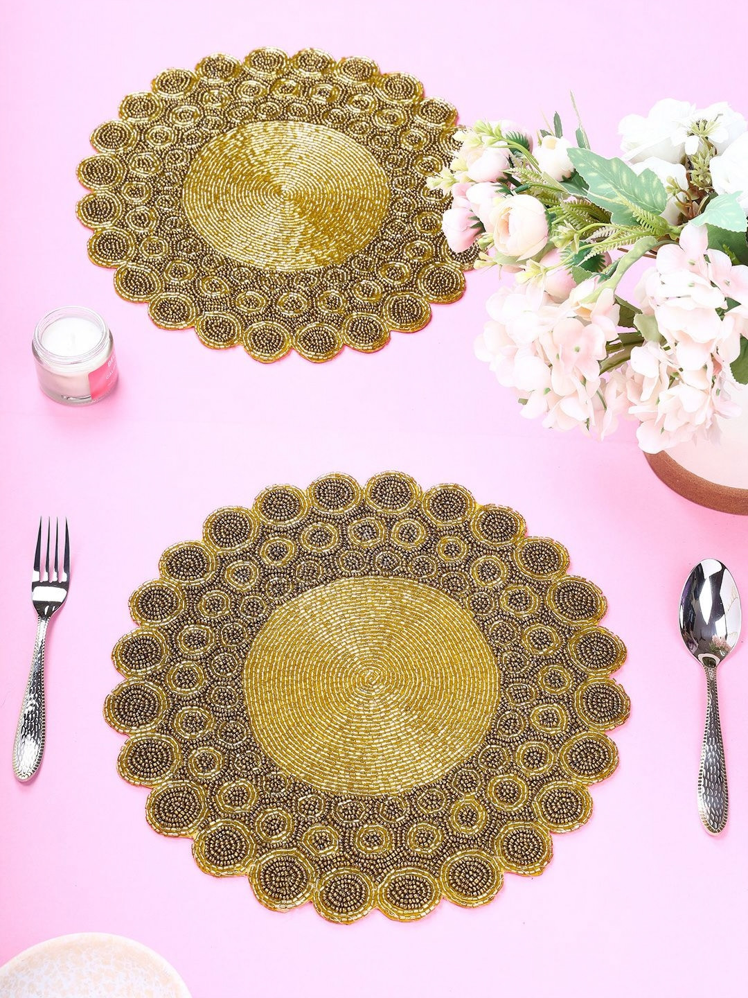 YWULY Gold Toned 2 Pieces Round Geometric Beaded Table Placemats