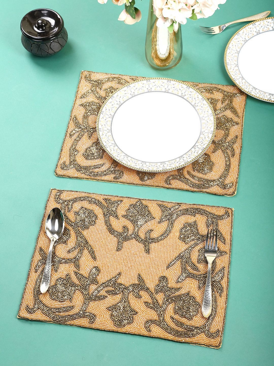 YWULY Cream & Beige 2 Pieces Beaded Table Place-mats