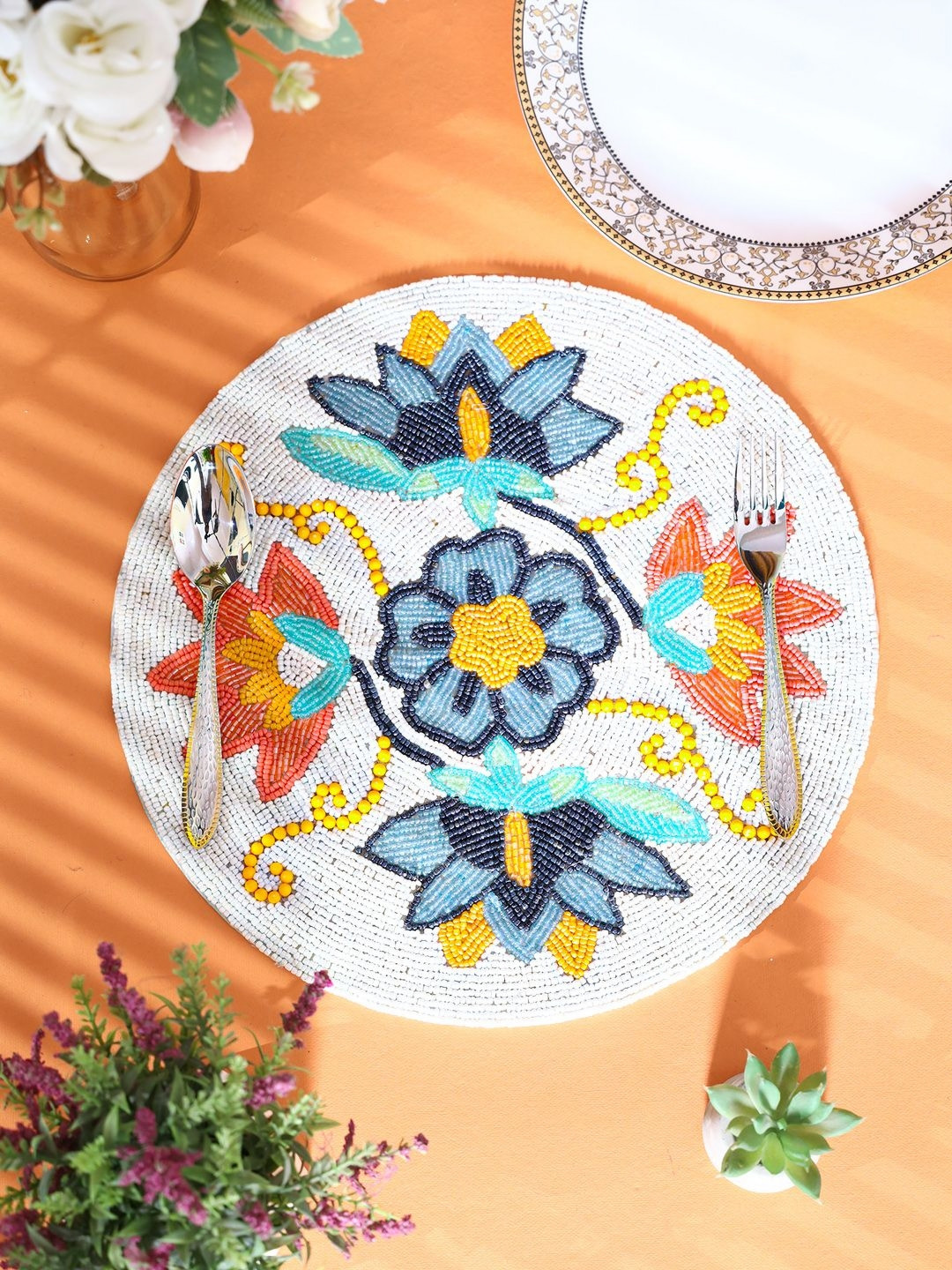 YWULY Cream & Blue Floral Beaded Table Placemats