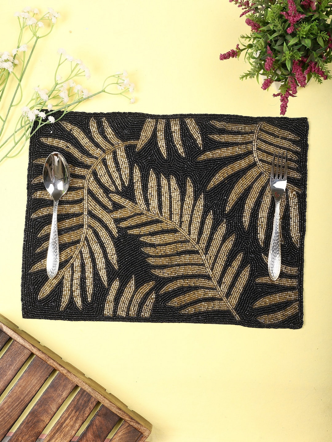 YWULY Black & Gold Toned Beaded Table Placemats