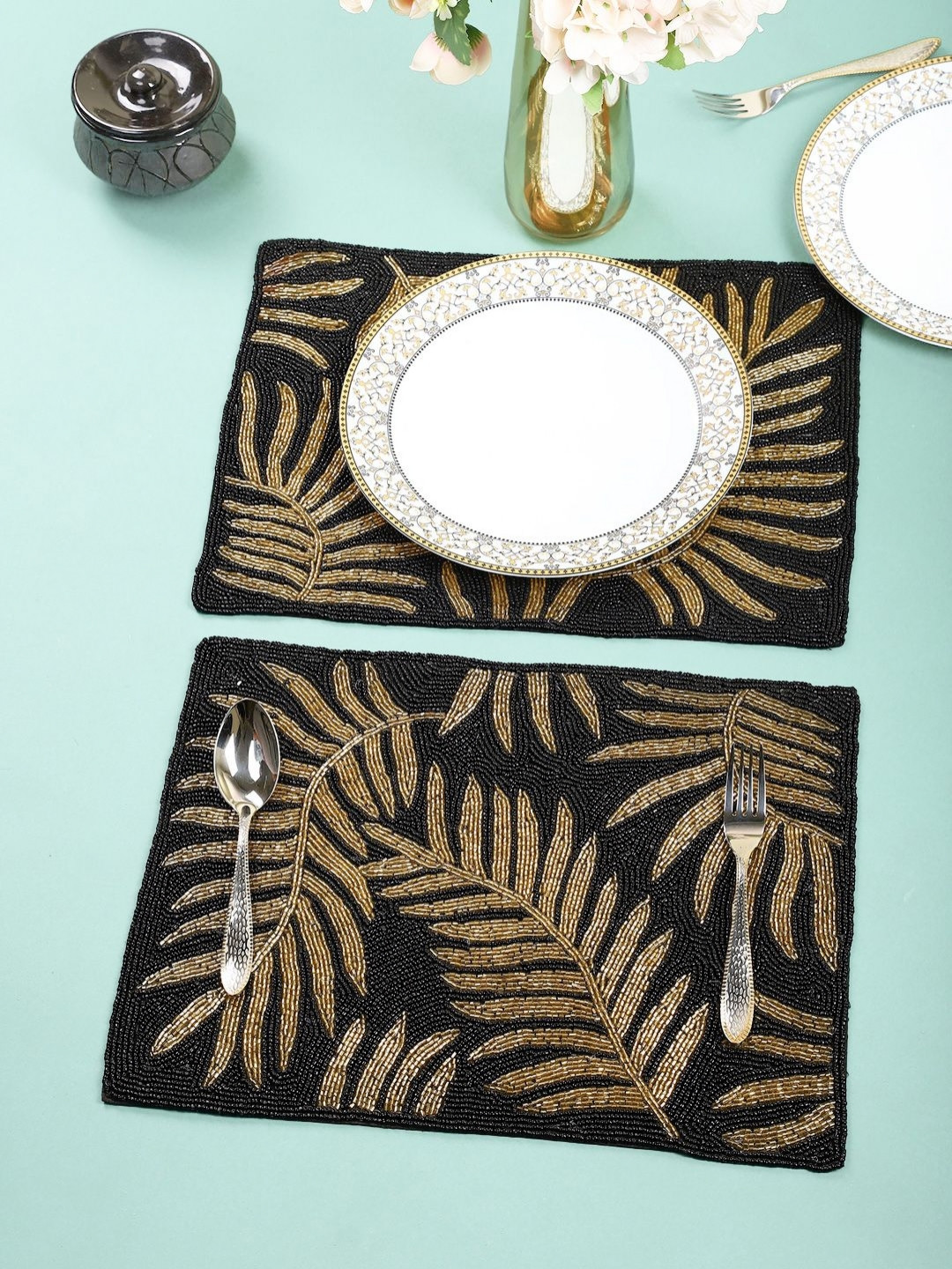 YWULY Black & Gold Toned Beaded Table Placemats