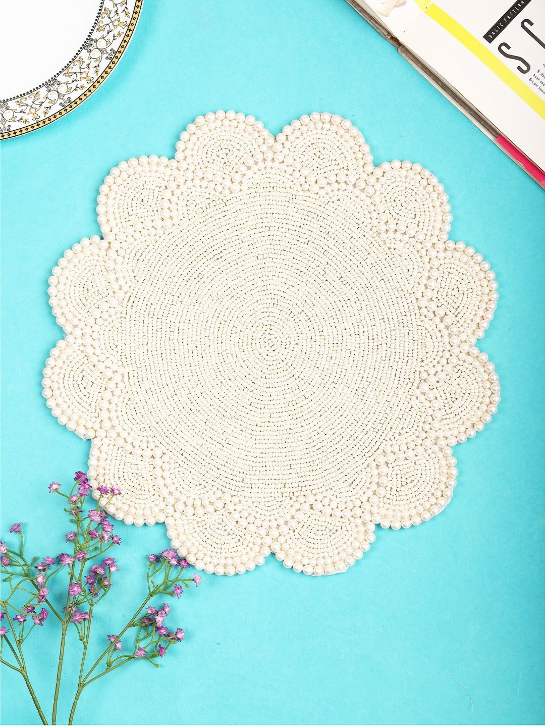 YWULY Cream Coloured Beaded Floral Table Placemats